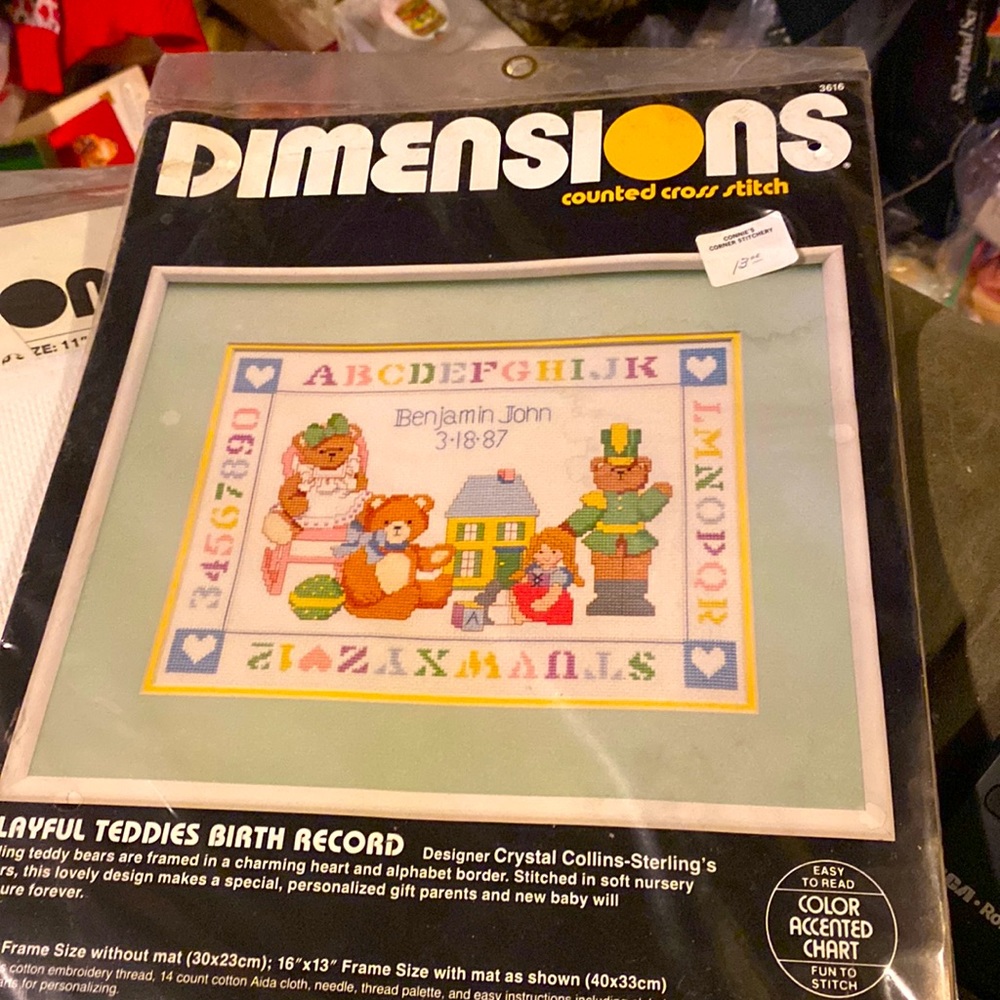 Vintage new DIMENSION counted cross stitch. Playful teddies birth records
